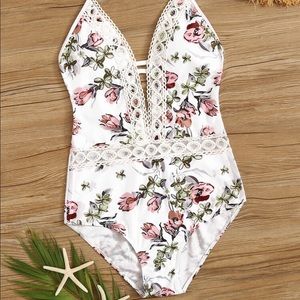 Floral Crochet Lace Plunging One Piece Swimsuit L